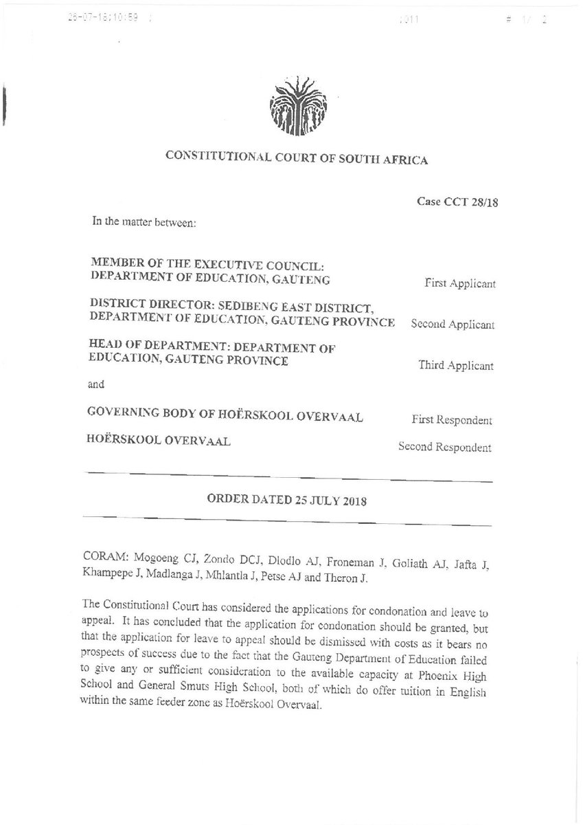 DJEloff's tweet photo. Die Grondwetlikehof bevind dat Afrikaanse skole nie gedwing kan word om Engels as onderrigstaal aan te neem indien daar naburige Engelse skole is wat kapasiteit het om leerders in te neem nie. #Overvaal #ConCourt #Afrikaans https://t.co/wRc1TAtzdB