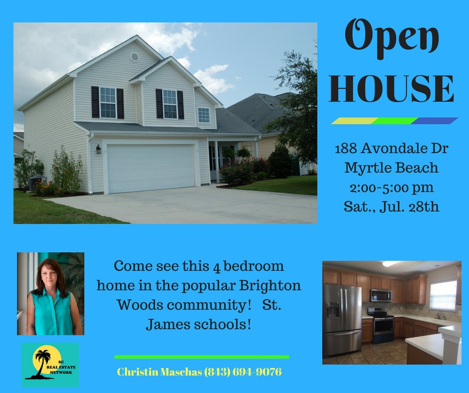 ChristinMaschas's tweet photo. OPEN HOUSE - Sat, July 28th 2-5pm. Come see this fantastic 4 bedroom, 2.5 bath home in the popular Brighton Woods. New SS appliances, gorgeous hardwood floors, HVAC less then 2 yrs old, large fenced backyard and more! #ListItwithChristin #MyrtleBeach #realestateagent https://t.co/iFycnbkhBu