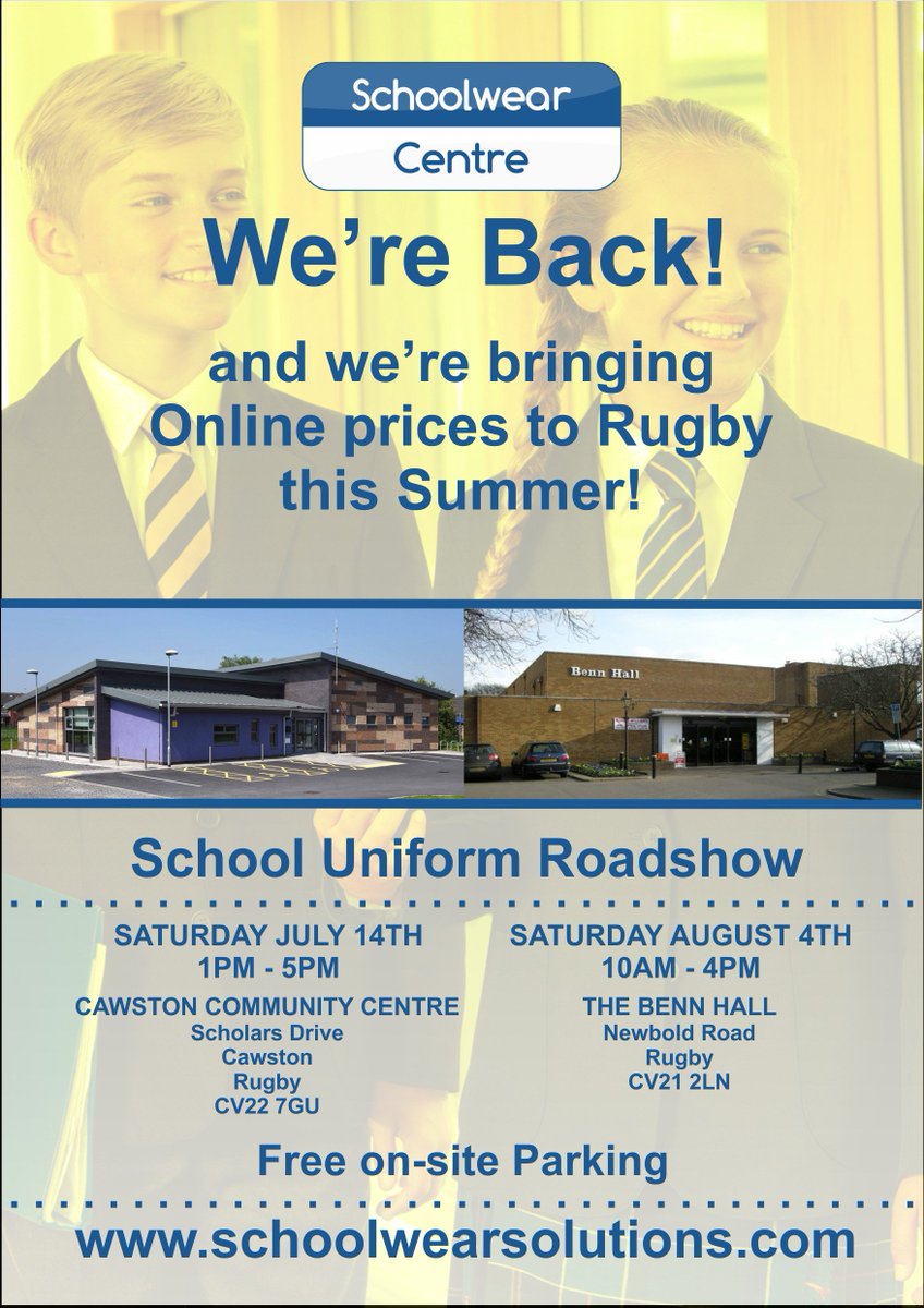 SWS_Uniform's tweet image. Our School uniform roadshow is returning to Rugby on Saturday 4th August.  We'll see you @BENNHallRugby between 10:00am-4:00pm!

@BiltonSchool @EMCPrimary #HillmortonPrimary, #RugbyHighSchool, @Harris_SSP #BiltonSchool @AvonValleySch