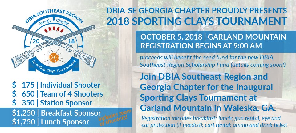 REGISTRATION NOW OPEN | Georgia Chapter Sporting Clays Tournament | Oct 5. Bring your clients &amp; co-workers and join us for this great networking opportunity with AEC industry professionals followed by a gourmet chili lunch, networking, prizes &amp; happy hour. ow.ly/BMwE30l7Sp8