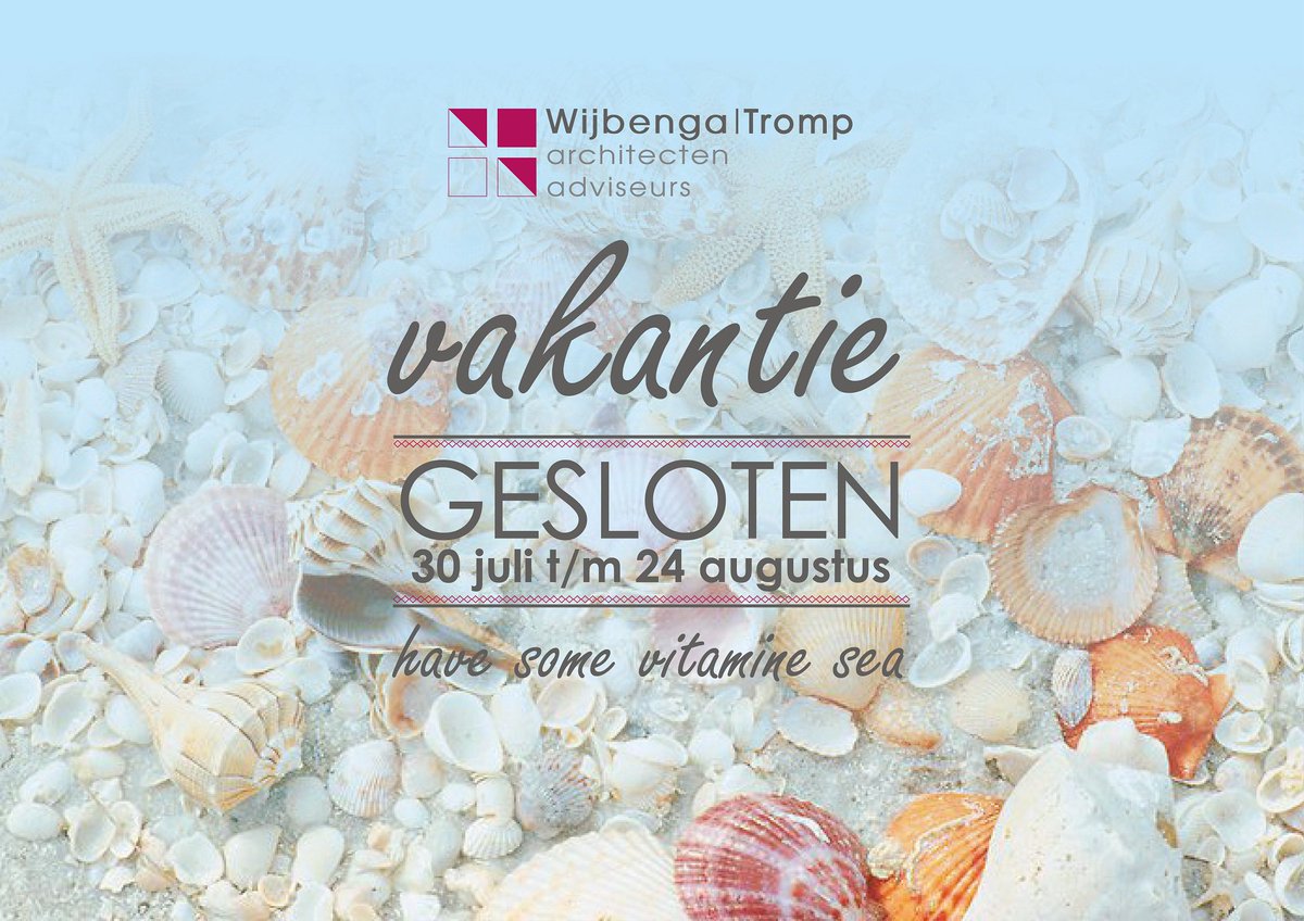 Bij Wijbenga | Tromp op kantoor is de temperatuur inmiddels ook erg gestegen. Wij zoeken de verkoeling op! In week 31 t/m 34 (30 juli t/m 24 augustus) zijn wij met bouwvakantie en zal ons bedrijf gesloten zijn. Vanaf maandag 27 augustus staan wij weer voor u klaar!