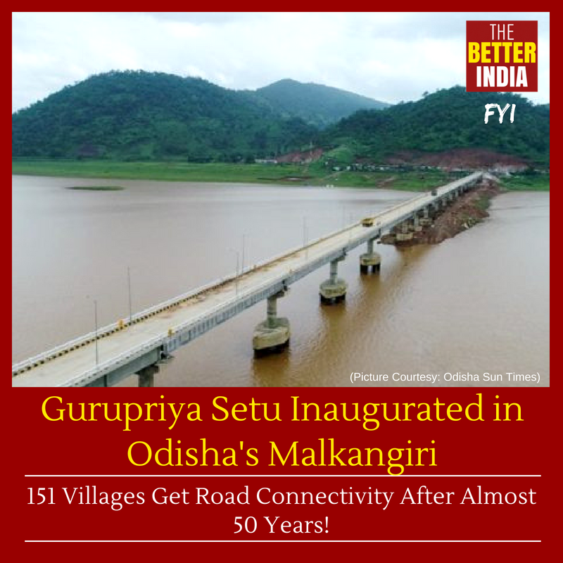 thebetterindia's tweet photo. Built at the cost of over Rs. 187 crores, this 910-metre bridge is a dream come true for the over 30,000 people of the villages that have been cut off from the mainland for nearly five decades. #GurupriyaSetu #Malkangiri https://t.co/hSMU20geXU