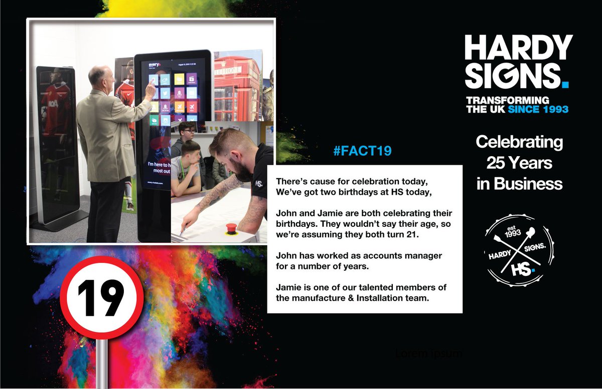 HardySignsLtd's tweet photo. #Fact19
👉 There’s cause for celebration today, We’ve got two birthdays at HS today!🎉😃
John and Jamie are both celebrating their birthdays. They wouldn’t say their age, so we’re assuming they both turn 21...
#HardySigns25 #signs #25yearsinbusiness #Burton https://t.co/6vKMnT5eG9