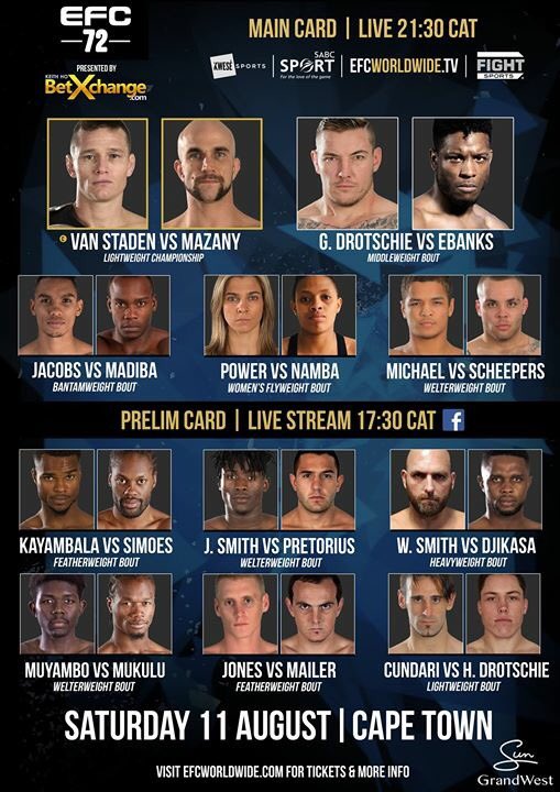 EFCworldwide's tweet image. FIGHT CARD OFFICIAL!!!

Just over TWO WEEKS to #EFC72 in Cape Town.

Book your tickets here efcww.com/2KKYIVE and give us your predictions to stand a chance of winning a set.