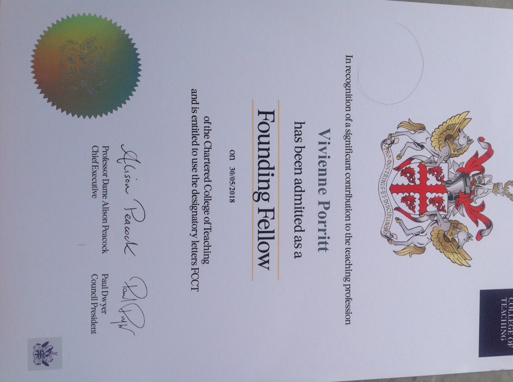 ViviennePorritt's tweet photo. Delighted to receive this today.  Thank you @CharteredColl and @AlisonMPeacock 

I'm looking forward to contributing my time and experience to support #proudtoteach campaign. https://t.co/UC3CIT2Yn0