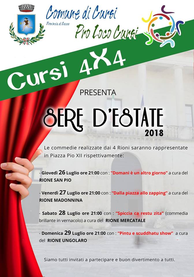 Questa sera tutti in Piazza Pio XII - ore 21:00  prima rappresentazione dell'evento "CURSI 4X4: SERE D'STATE". Il primo ad esibirsi sarà il RIONE SAN PIO.
 #NewsCursi#Cursi4X4#SeredEstate#Cursi365#WeAreInPuglia#VisitSalento#VisitCursi#divertimento#spettacoli#