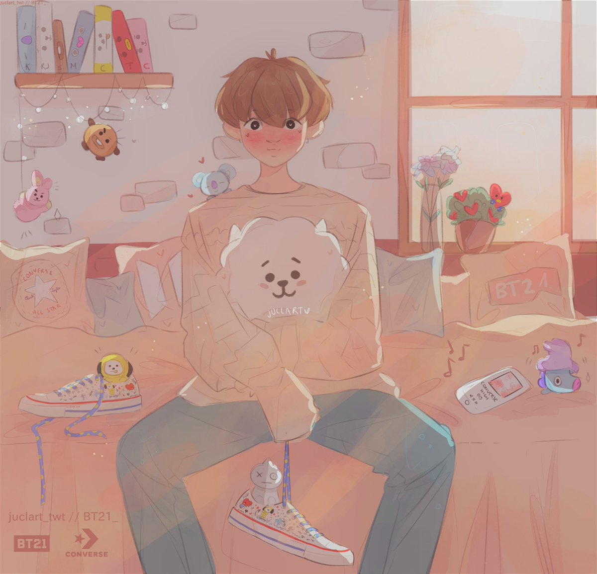 Juclart_twt's tweet photo. Here's my entry for #Draw_BT21  #CONVERSE contest! ✨💕
RJ is my favourite @BT21_ character so I decided drawing him &amp; Jin with the rest of them having fun around his room! And of course "converse high" playing in the background
✨RTs would help a lot, thanks!✨
 #ConverseXBT21 https://t.co/5OZ7Ut8Nxx