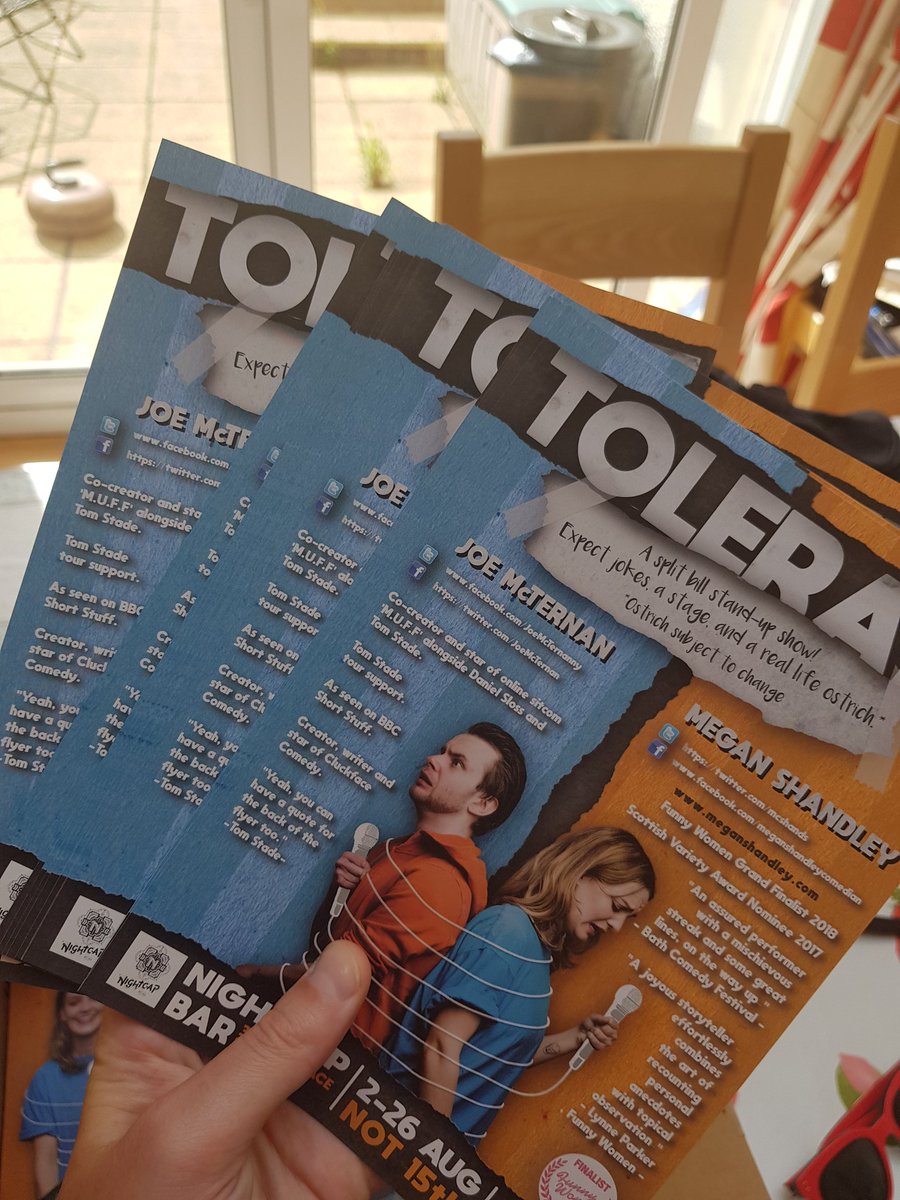 Flyers have arrived and we open a week today! Who's coming?!
#TOLERATE
2nd-26th August (not 15th)
Nightcap Bar, York Place 
FREE ENTRY! #intotheunknown #edfringe18 #edfringe2018 #edinburgh #edfringe #scotland #comedy #comedian #standup #freefringe #livecomedy #paywhatyouwant