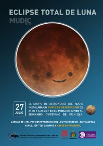 AlumniUMH's tweet photo. El @mudic_ciencia de la @UniversidadMH  instalará mañana 27 de julio en Orihuela un punto de observación para disfrutar del eclipse total de Luna.

🏦El punto estará junto al Seminario Diocesano de Orihuela.
⏰De 21:00 a 23:30 horas.

+info: https://t.co/LgdpwFwCb6 https://t.co/FPu9z8WAHE