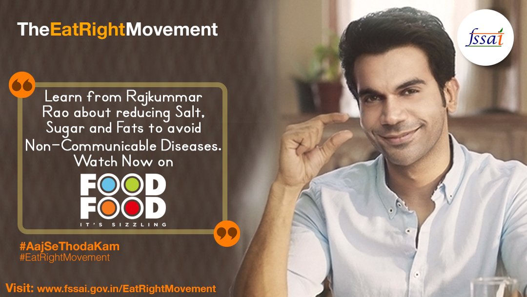 FoodFood's tweet photo. Watch the #EatRightMovement initiative featuring @RajkummarRao by @fssaiindia & @MoHFW_INDIA on FoodFood. #AajSeThodaKum
1) #ThodaKum at 9:15am, 12.15pm, 4:20pm & 7:15pm
2) #ControlKyu at 8:10am, 11:10am, 3:20pm & 6:10pm
3) #DilDimag at 10:20am, 1:10pm, 5:10pm & 8:10pm https://t.co/X5qQGsLHd4