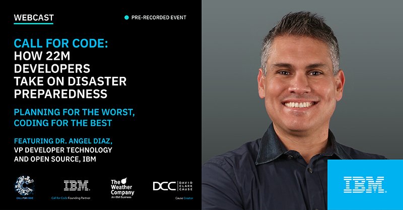 LucaChiarito's tweet photo. VIDEO Join @angelluisdiaz in this new pre-recorded webcast for the Call for Code Global Initiative, where he and other NGO and industry experts discuss the role technology can play to help mitigate risk and save lives in disaster preparedness. #CallForCode https://t.co/nbNqVlJk7w https://t.co/DWwAsLrFeA