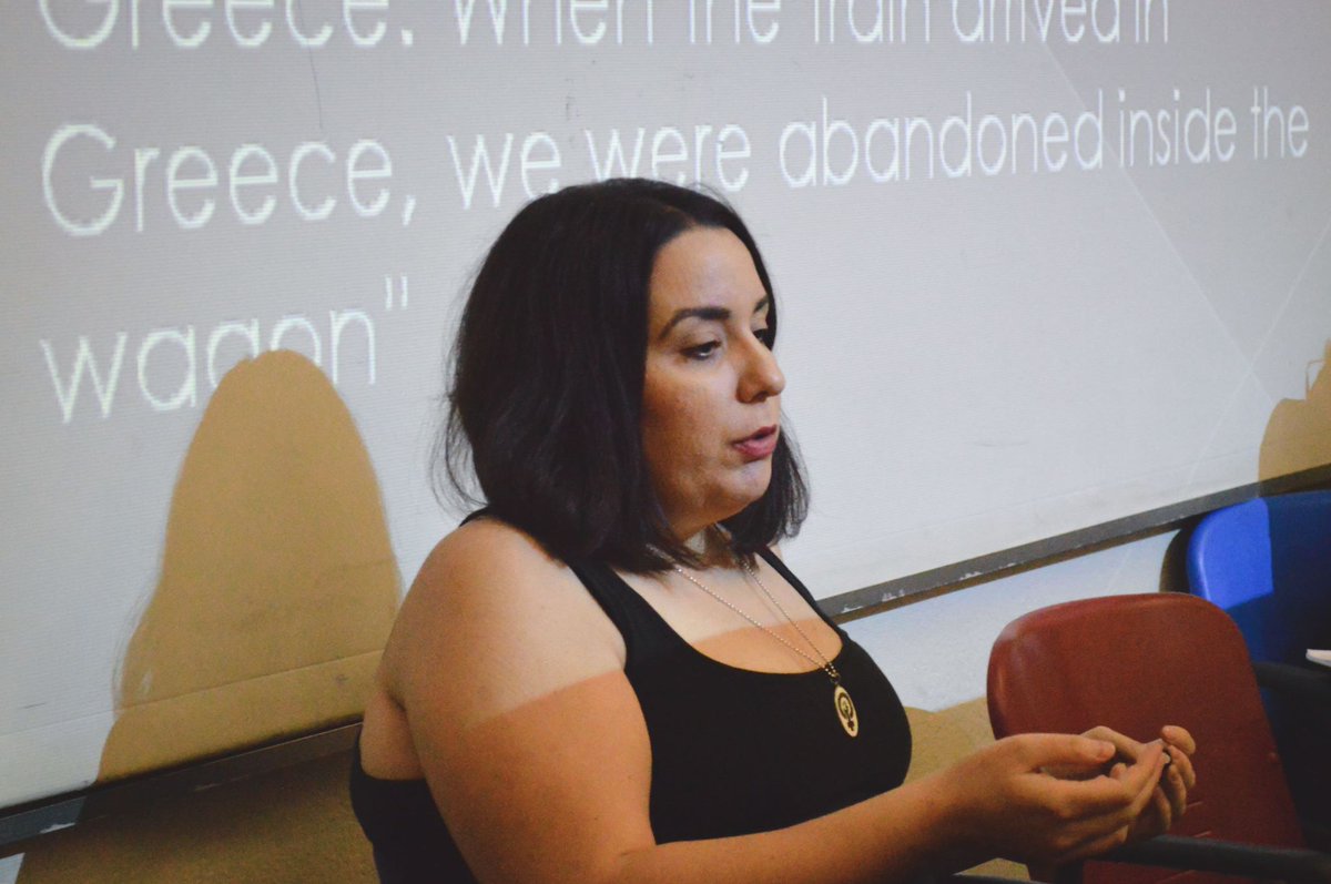 IASFM17's tweet photo. Naming incidents of violence taking place in every aspect of refugees’ lives, Marianna Karakoulaki shared a real, personal story and details that captivated the audience and shook each and every one listening. #IASFM17 #UoM  #Refugees https://t.co/q8ckmaBTWn