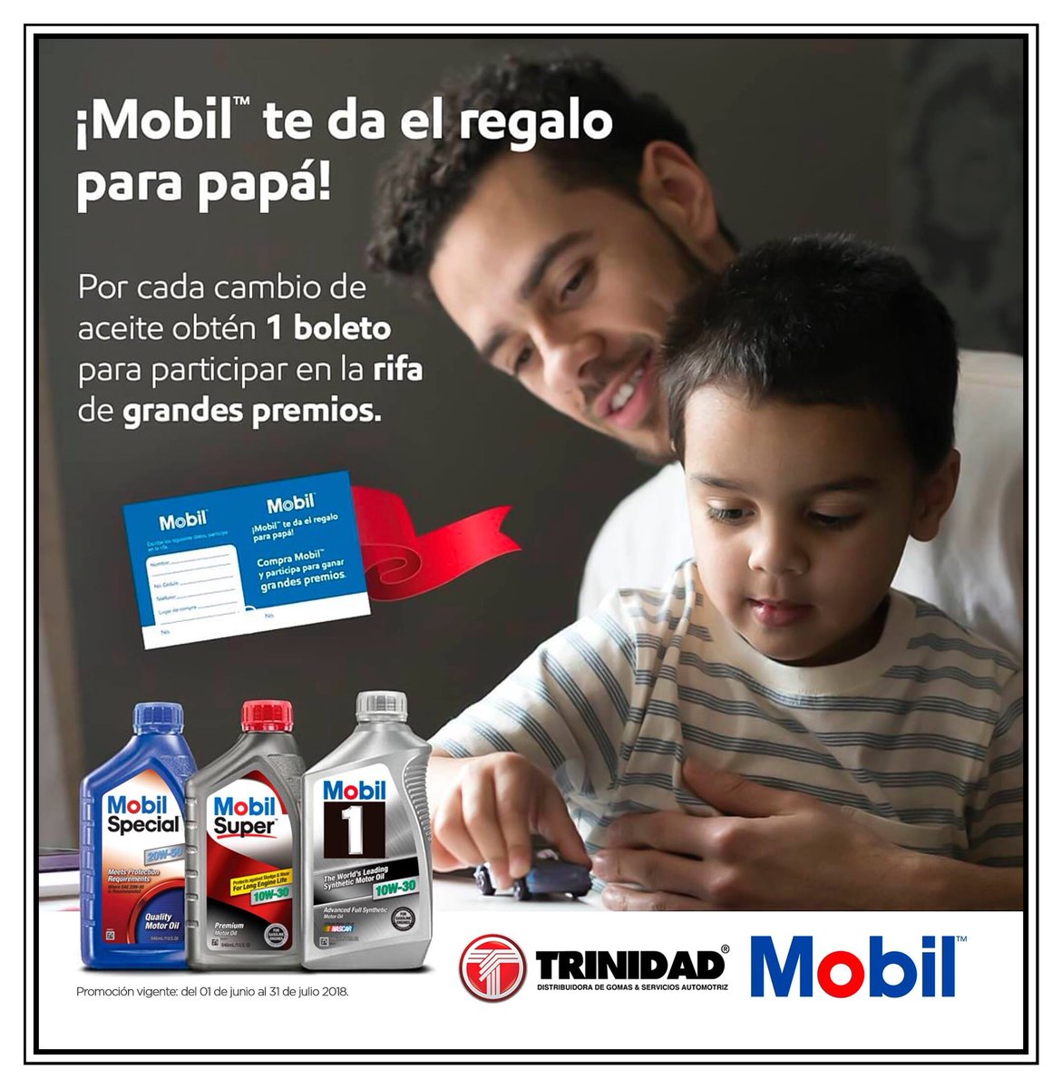 Estás a tiempo, le das el mantenimiento a tu vehículo y participas en ¡Mobil™ te da el regalo para papá! 👨‍🔧

1. Un Sillón Reclinable. 💺 
2. Un BBQ. 🥩 
3. Un Kit de Dominó, Mesa de Dominó y Bocina portátil. 🔊.                       
 
facebook.com/16263592276349…
