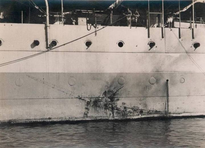 #OTD in 1945, <a href="/RoyalNavy/">Royal Navy</a> heavy cruiser HMS Sussex was struck by a kamikaze near the Dutch East Indies. The Mitsubishi Ki-51 "Sonia" failed to penetrate the ships 4.5" belt armor, leaving only a distinct imprint on the hull,