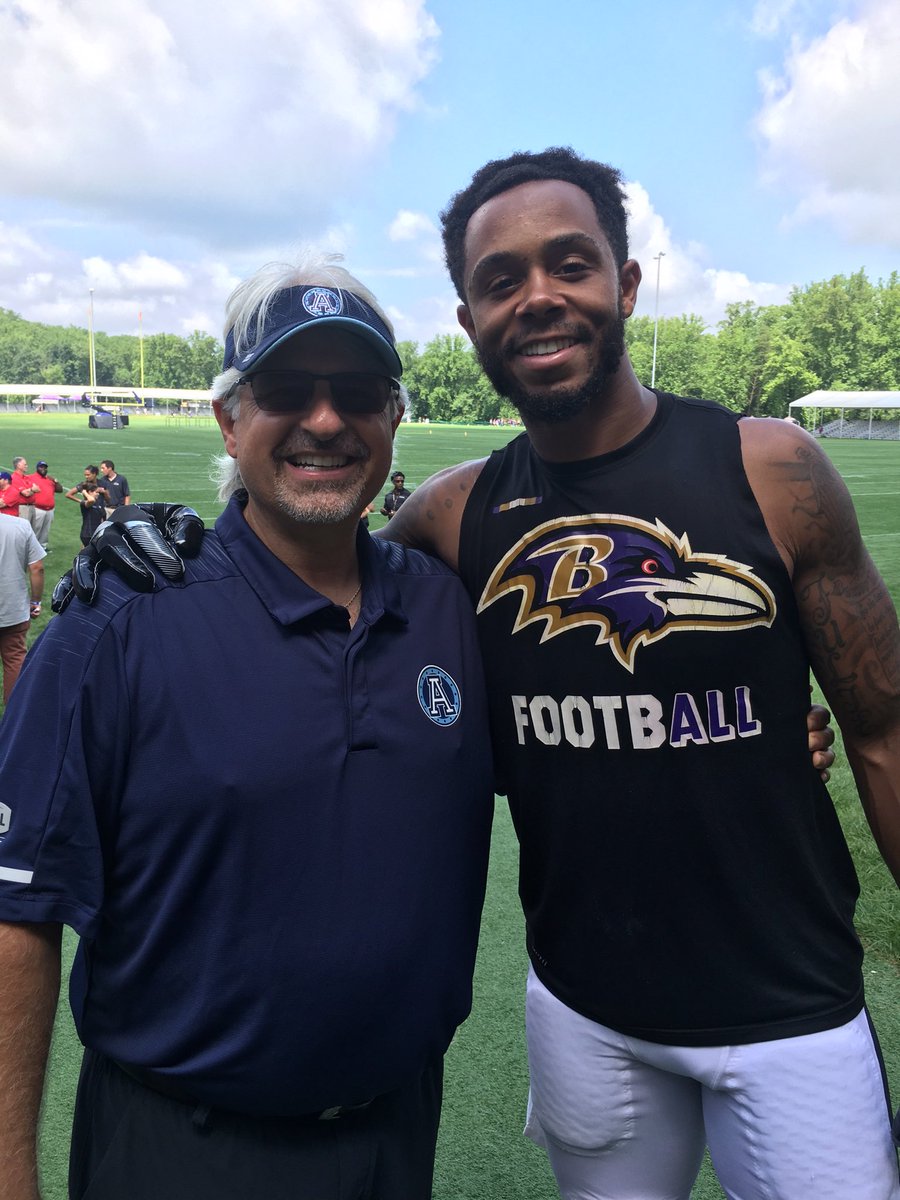 Visiting the <a href="/Ravens/">Baltimore Ravens</a> and the great <a href="/DPo8/">DeVier Posey</a> at Training Camp today. <a href="/Ravens/">Baltimore Ravens</a> hospitality is top notch every year and always fun to see the smiling face of one of our <a href="/TorontoArgos/">Toronto Argonauts</a> greats!  <a href="/CFL/">CFL</a> <a href="/NFL/">NFL</a> #GreyCupMVP