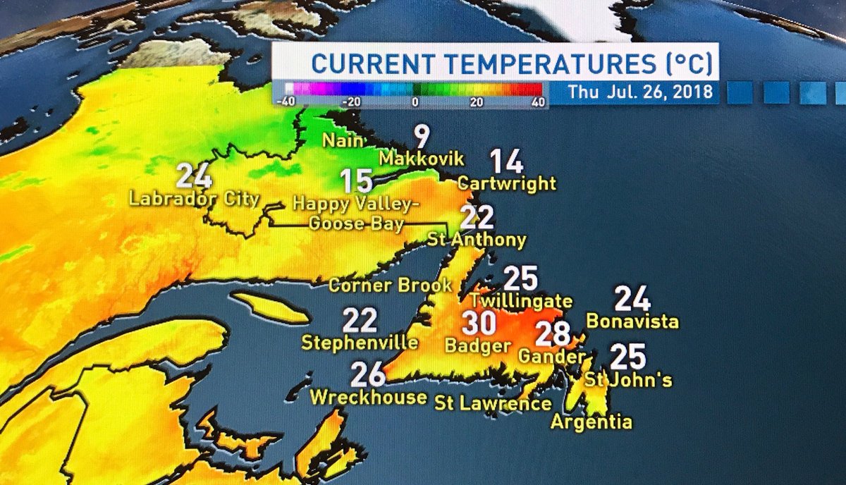 Wow! Wish I was there! Current temps for #Newfoundland #Labrador - Keep in mind tho’ a heat warning in effect for much of #newfoundland #nlwx ⁦<a href="/CBCNL/">CBC Newfoundland and Labrador</a>⁩