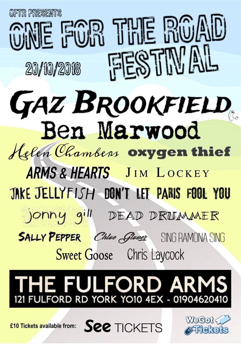 1fortheroaddiy's tweet photo. Hey friends! Our show in October with @GazBrookfield, @benmarwoodmusic, @oxygenthiefYEAH, @jakeandthejfish, @singramonasing et al at @fulfordarmsyork is running incredibly low on tickets. Head on over to SeeTickets and grab yours now for just £10 to avoid disappointment! https://t.co/Roe2sVz5j9