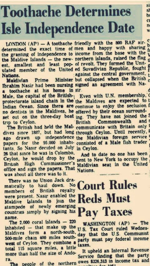 guesthouseguide's tweet photo. Retweeted ނާޖިހު Naajih (@uhijaaN):

#ThaareekheeLiyun 
Dhivehi Raajjeyge Minivan dhuvas 1965 July 26 ah vegen dhiyaee Bodu Vazeeru Ibrahim Nasir dhathegga rissae gathumuge sababunnoa! Mives kiyae ulhunu vaahakaeh.
#MinivanDhuvas https://t.co/Ai7Pii8y09