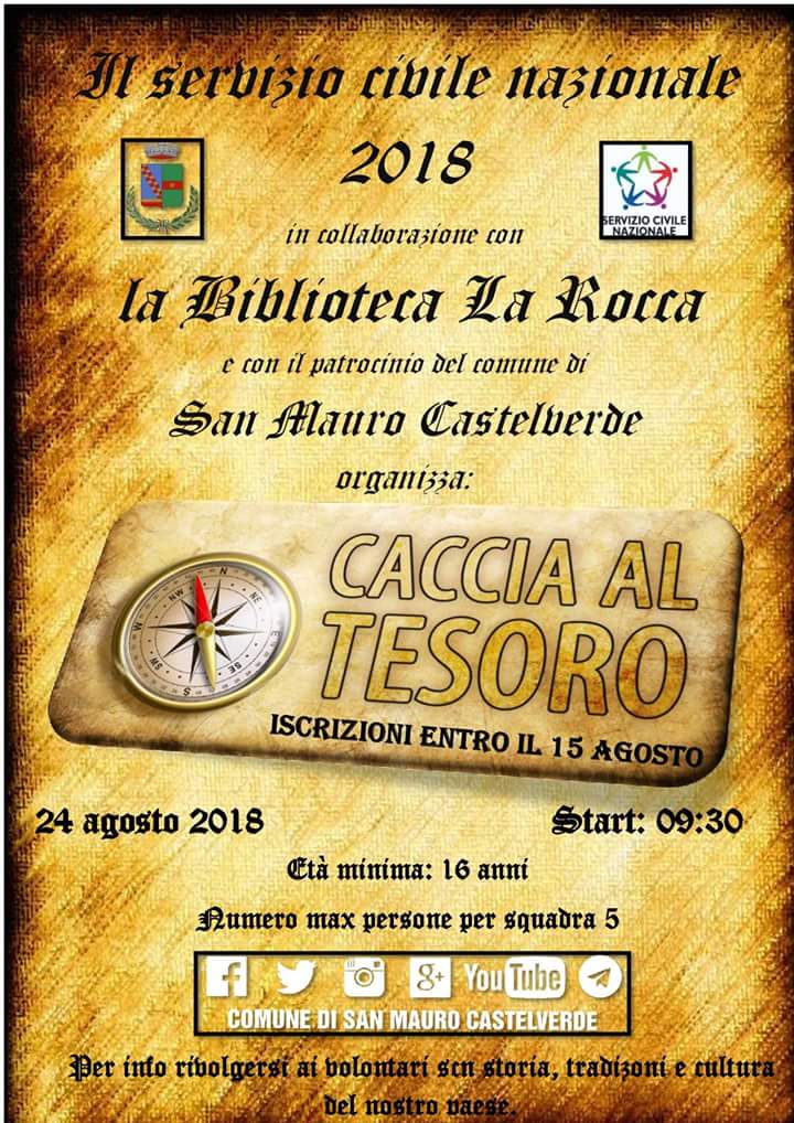 Il servizio civile nazionale 2018, "Storia, tradizioni e cultura del nostro paese", è lieto di presentarvi il suo nuovo evento: LA CACCIA AL TESORO! #SanMauroCastelverde #Madonie #EstateMaurina #EstateMaurina18 #Estate #Summer #Eventi #EventiSicilia #Scn #ServizioCivileNazionale