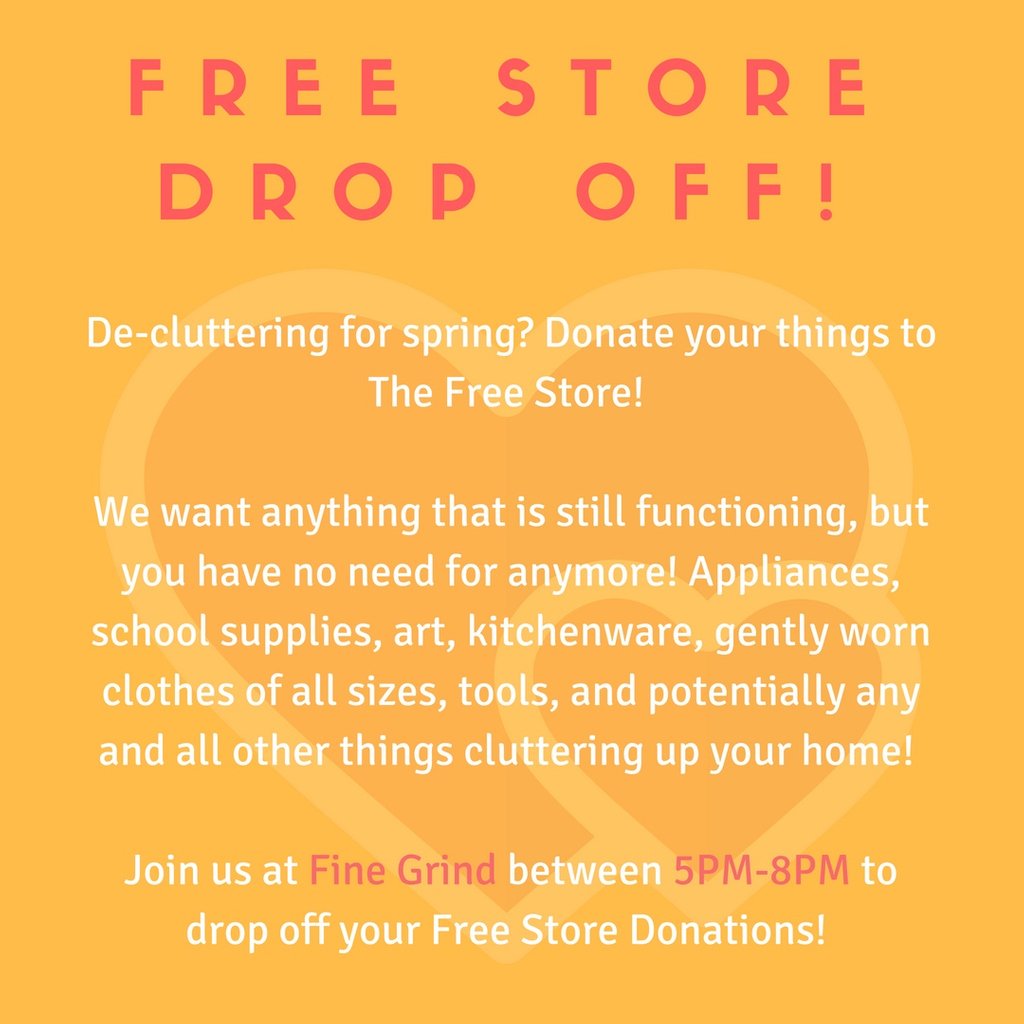 Kevvinhn's tweet photo. Make sure to donate your unused items to The Free Store for OPIRG Brock tonight between 5-8PM at Fine Grind Café! #OPIRGBrock #TheFreeStore https://t.co/7ATyEI4dZV