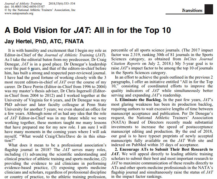JAT_NATA's tweet photo. New Editorial from the New Editor-in-Chief, Dr. Jay Hertel (@Jay_Hertel) outlining his vision for the future of @JAT_NATA.
"A Bold Vision for JAT: All in for the Top 10"
https://t.co/8xfuOXVRLp https://t.co/3CPUSiovUo