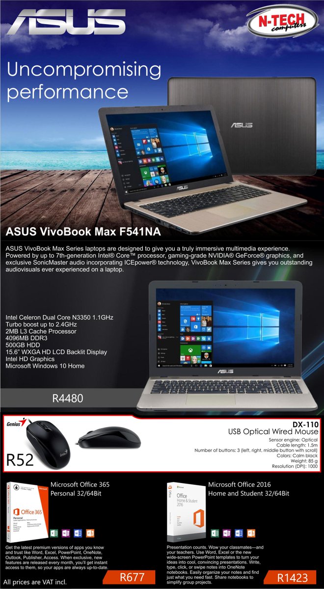 NTechComputers's tweet photo. Work the ASUS way! 
Have a look at these amazing deals ideal for work!
From their Office packages to their laptops, how can you go wrong?!
Call us to get your hands on these great deals! 087 822 1887 Or email us at sales@n-tech.co.za !
#NtechComputers #ASUS #office #laptops https://t.co/kr5UxDfPO5