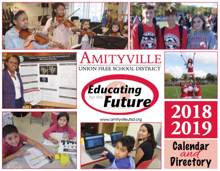 AmityvilleUFSD's tweet photo. The 2018-19 school calendar and directory is now online and will soon be mailed to all homes in the district.

View it on the website at:
https://t.co/KfS1fJWJ6b https://t.co/bfv7gBNoYD