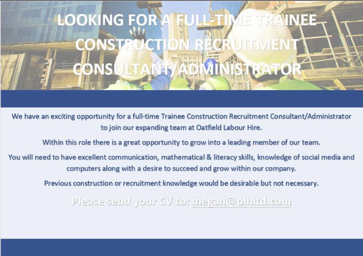 OatfieldRS's tweet photo. BASED IN NORTH FINCHLEY
FULL TIME MONDAY – FRIDAY - 8:30AM – 5:30PM 
£18,500 PER ANNUM DOE
SMALL &amp; FRIENDLY ENVIRONMENT 
EMAIL MEGAN@OLHLTD.COM WITH YOUR CV https://t.co/Wp2AvRuORb