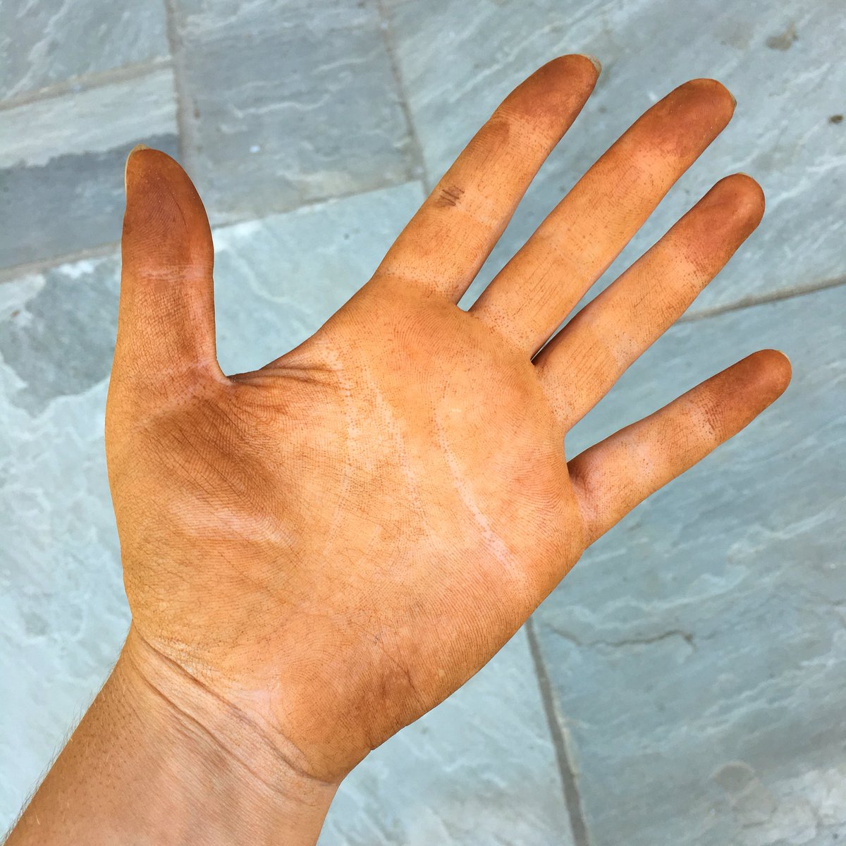 Francescalevey's tweet image. Have I been tangoed? Gone a little overboard with the fake tan perhaps? 
Nope, that’s corrosion dust from cleaning rusty mail armour. #glamour #metalworkconservation #conservationproblems #tangoed #faketan