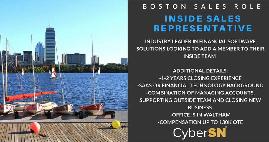 CyberSN_Jobs's tweet image. New Sales opportunities in #Boston! Our client is a leader in the financial tech space looking for experienced Account Executives. OTE up to $130k. Details here or reach out to @KyleLightner3 directly for more info buff.ly/2JVGQ9p #techsales #salesjobs