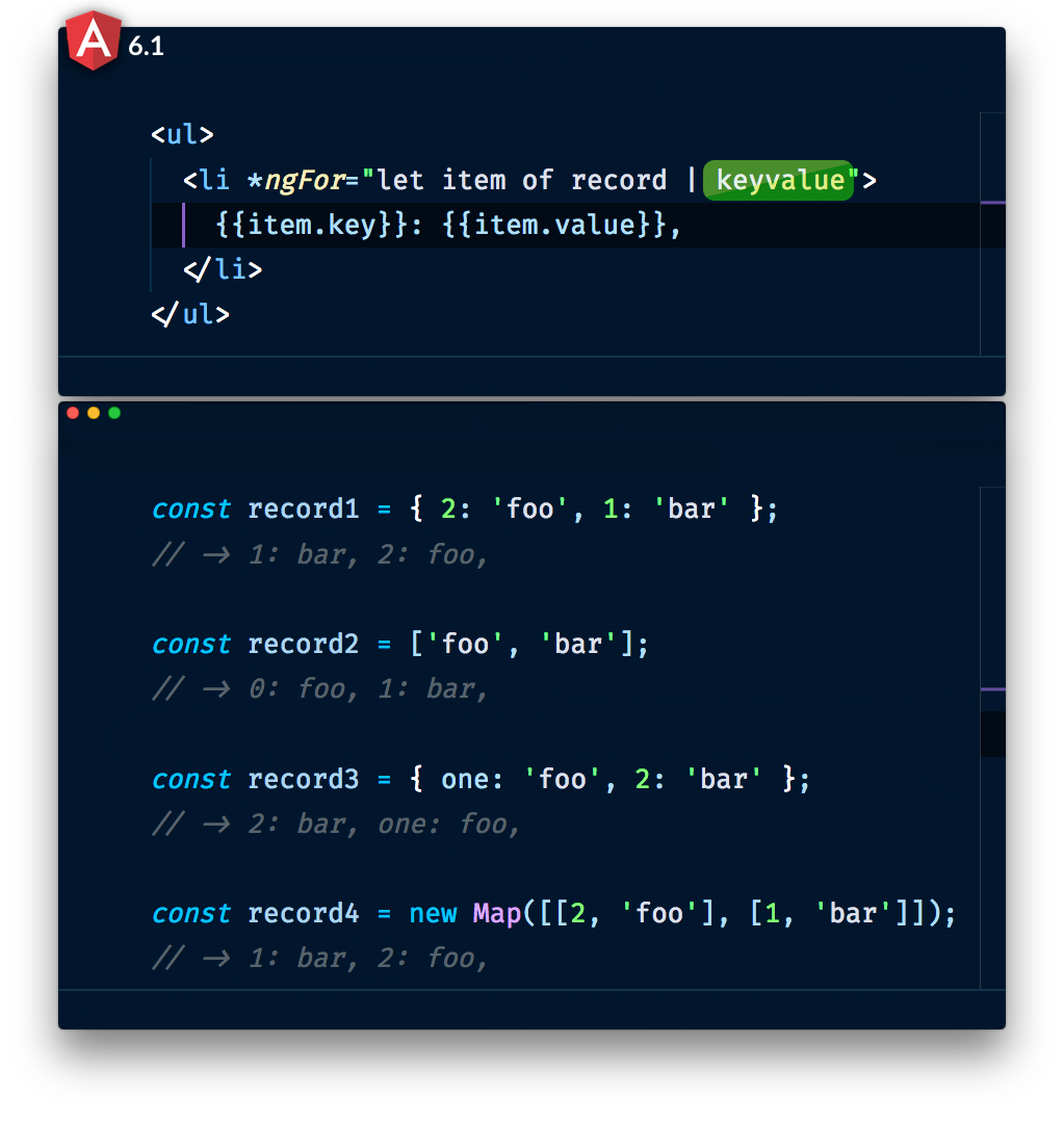 sulco's tweet photo. #Angular tip for today:

With the newly released @Angular 6.1 you can now use "keyvalue" pipe to iterate over objects, Maps and, well, arrays too 😉

Go ahead, 💻 ng update ! https://t.co/DAeU3SrHl4