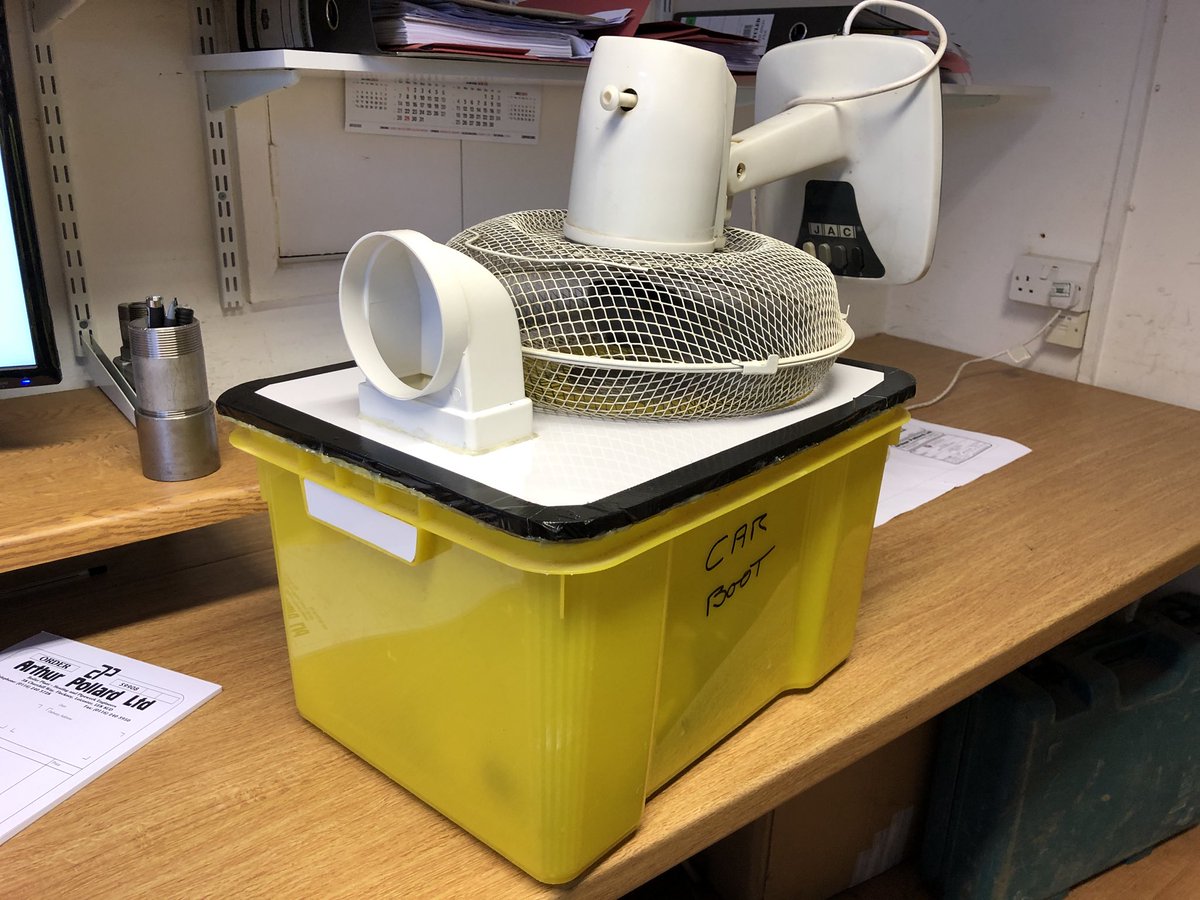 ollyfp's tweet photo. If your in an office or inside and sweating your bollocks off, make one of these. Tub with a lid, 2 holes, frozen water bottles and a fan. Lifesaver! https://t.co/DfLvbK5PDm