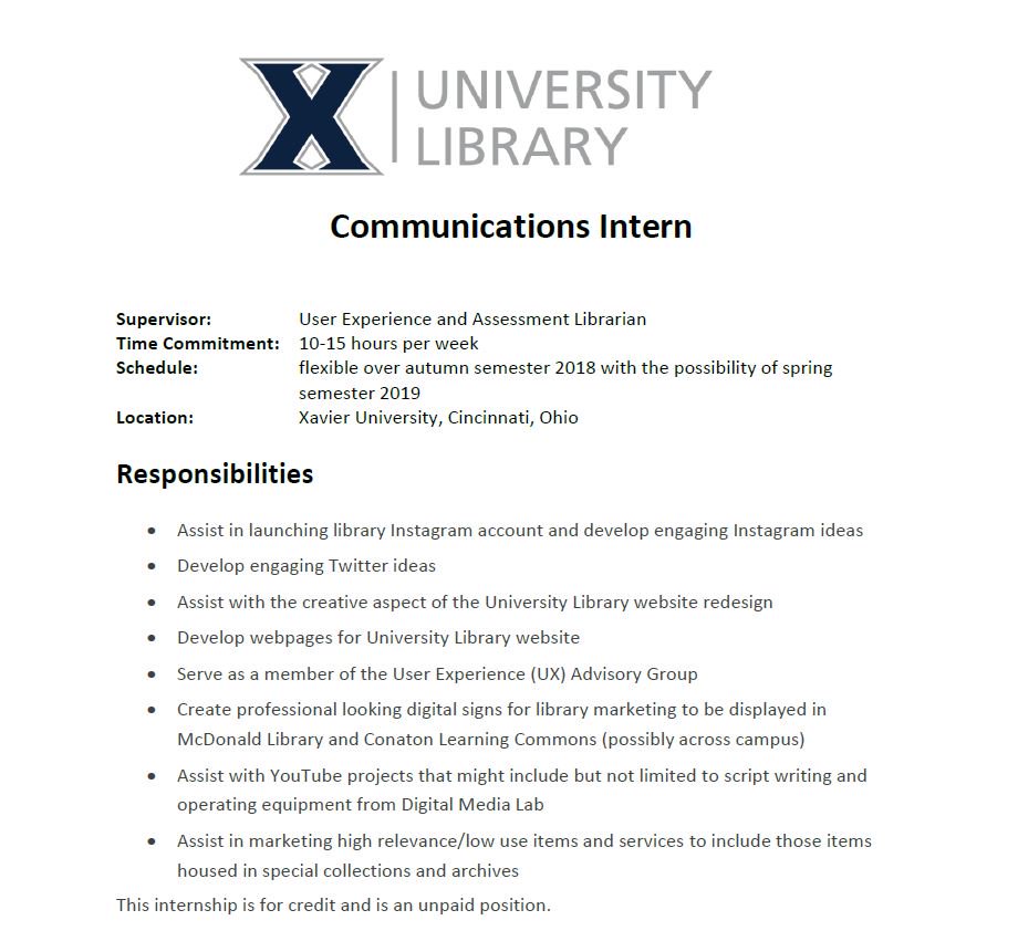 Xavier University Library On Twitter For Xucommdept Majors And Minors Xavier Library Is Seeking A Communications Intern Interested Students Should Email James Green Greenj11 Xavier Edu For More Information Wmaxian Leslie Ras Hincklet
