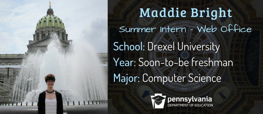 PADeptofEd's tweet image. Today is #NationalInternDay! Meet Maddie (a future freshman at @DrexelUniv) who’s interning in our web office + Alexa (a rising sophomore at @GWtweets) who’s interning in our policy office – they’re doing great work and we’re #PAproud of them! #PASummerInterns