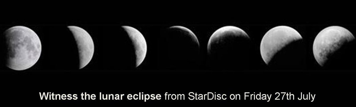 Witness the Lunar Eclipse from StarDisc Friday 27 July 
8:50pm Moonrise in the south east
9:21pm Maximum eclipse
10:13pm Total eclipse ends