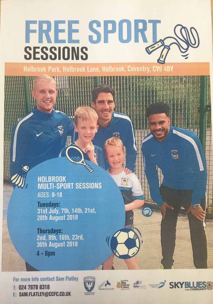 Holbrooks Park are having Free Sport Sessions for 8-18 year olds! Contact Sam Flatley on 02476786318 for more information or email him at SAM.FLATLEY@CCFC.CO.UK