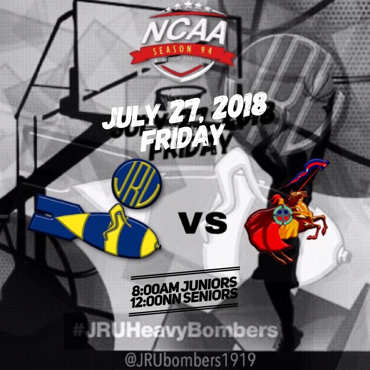 JRUbombers1919's tweet photo. Let’s support our team tomorrow on their game against Letran Knights. 

#NCAASeason94 #MabuhayRizal #GalingJRU https://t.co/n1QYayrXLf