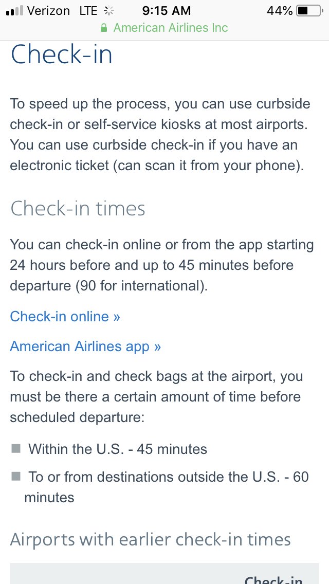 karly2424's tweet photo. @AmericanAir From your website 45mins in advance. Dont worry I will never use @americanairlines again and will be telling everyone I know not to as well. https://t.co/ShyVgvnTts