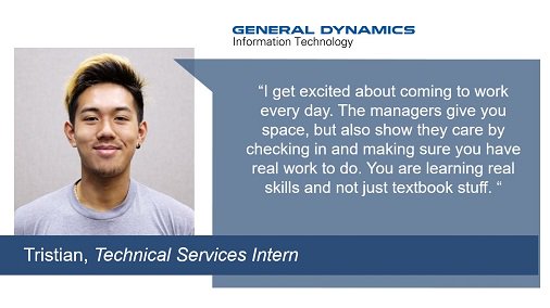 GDIT's tweet photo. Tristian is making an impact this summer as one of our #GDITInterns. Here’s what he has to say about his experience as a Technical Services Intern. #NationalInternDay #GDIntern https://t.co/GSeHuqHFMN https://t.co/Pe8ziswl1f