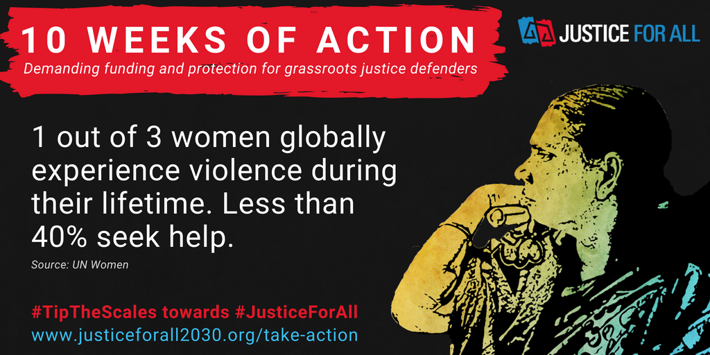 Grassroots justice defenders are helping women to understand and use the law to address #VAWG —but their work is at risk. Sign the petition demanding world leaders fund &amp; protect justice defenders --> bit.ly/w2petition. Let’s #TipTheScales towards #JusticeForAll! #MeToo