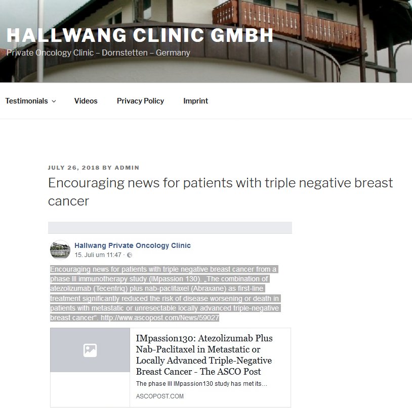HallwangClinic's tweet photo. Encouraging news for #patients with triple negative #breastcancer | Hallwang Clinic GmbH https://t.co/OxAsajhJoR https://t.co/zpRHzN0hsO