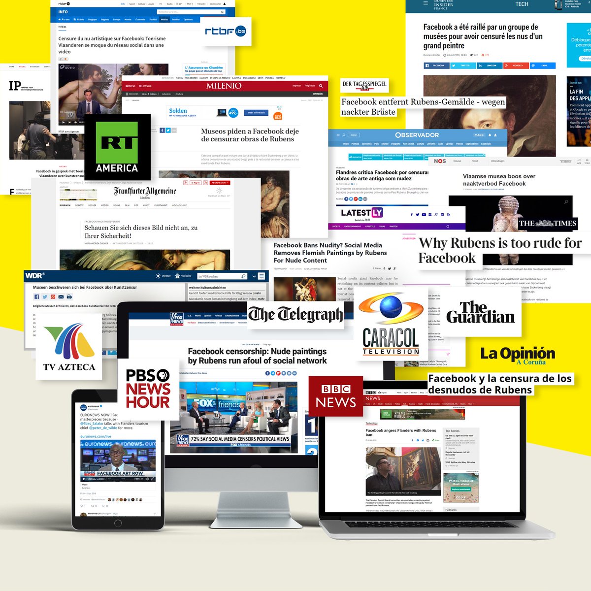 Zowel binnen- als buitenlandse pers smult van onze ludieke stunt tegen online censuur van onze #VlaamseMeesters. Meer over deze internationale promotiecampagne rond Rubens, van Eyck en Bruegel via toerismevlaanderen.be/nieuws/ludieke…