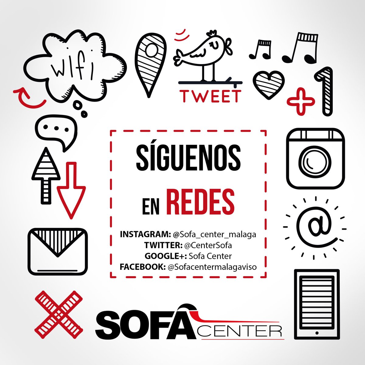 Síguenos en todas las redes sociales para estar informado de todo
✅Promociones  ✅Sorteos ✅Ofertas ✅Novedades ✅Consejos
🔸Twitter ➡️ <a href="/CenterSofa/">SofaCenter</a> 
🔸Instagram ➡️ @Sofa_Center_Malaga 
🔸Google + ➡️ Sofa Center
🔸Facebook ➡️ @SofaCenterMalagaViso