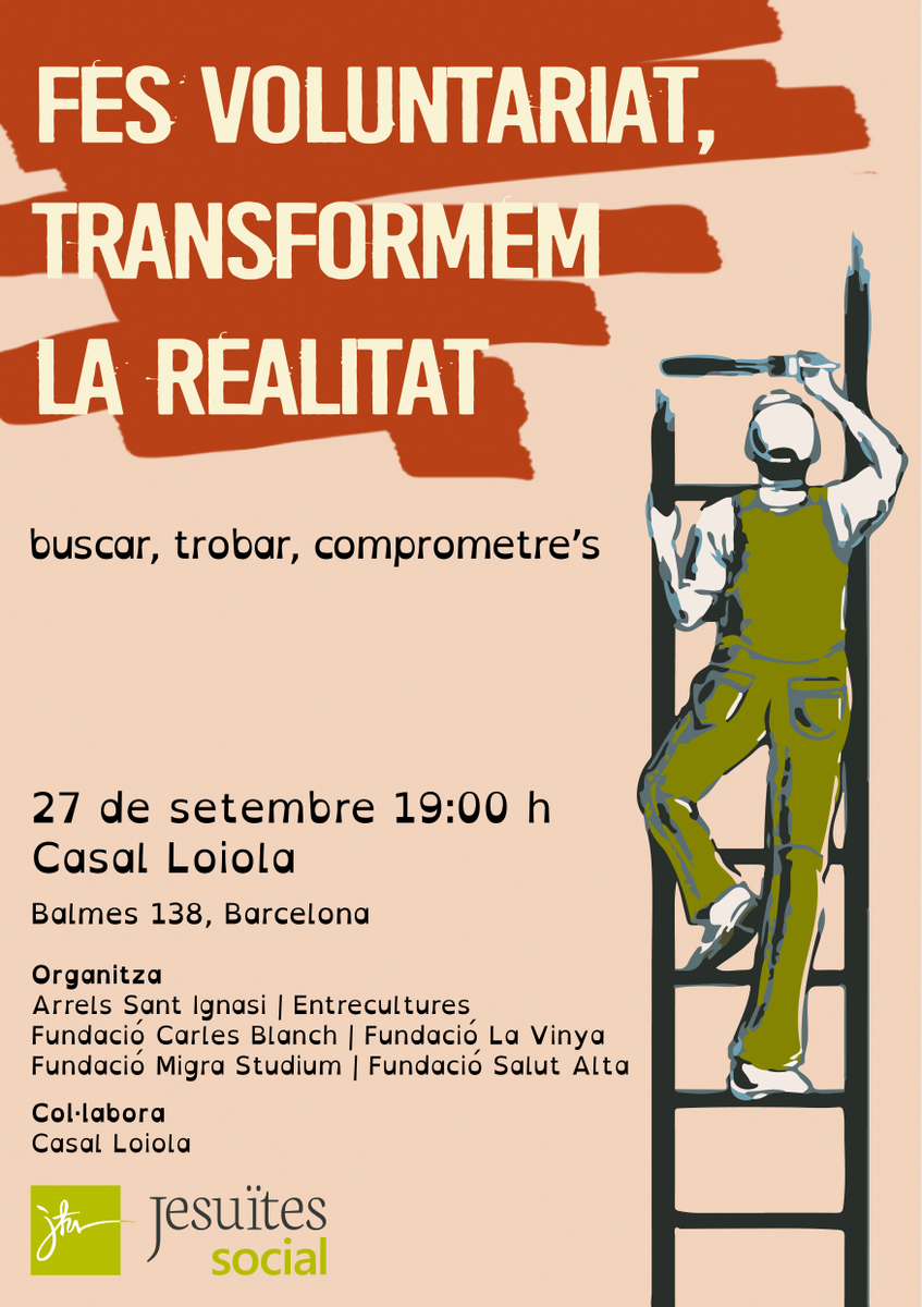 MigraStudium's tweet photo. Fes voluntariat, transformem la realitat. #Buscar #Trobar #Comprometre's  @lasalutalta @CentreSantJaume @fundaciolavinya @arrels_stignasi @Entreculturesb @Casal_Loiola https://t.co/fTJ2fdVAe4