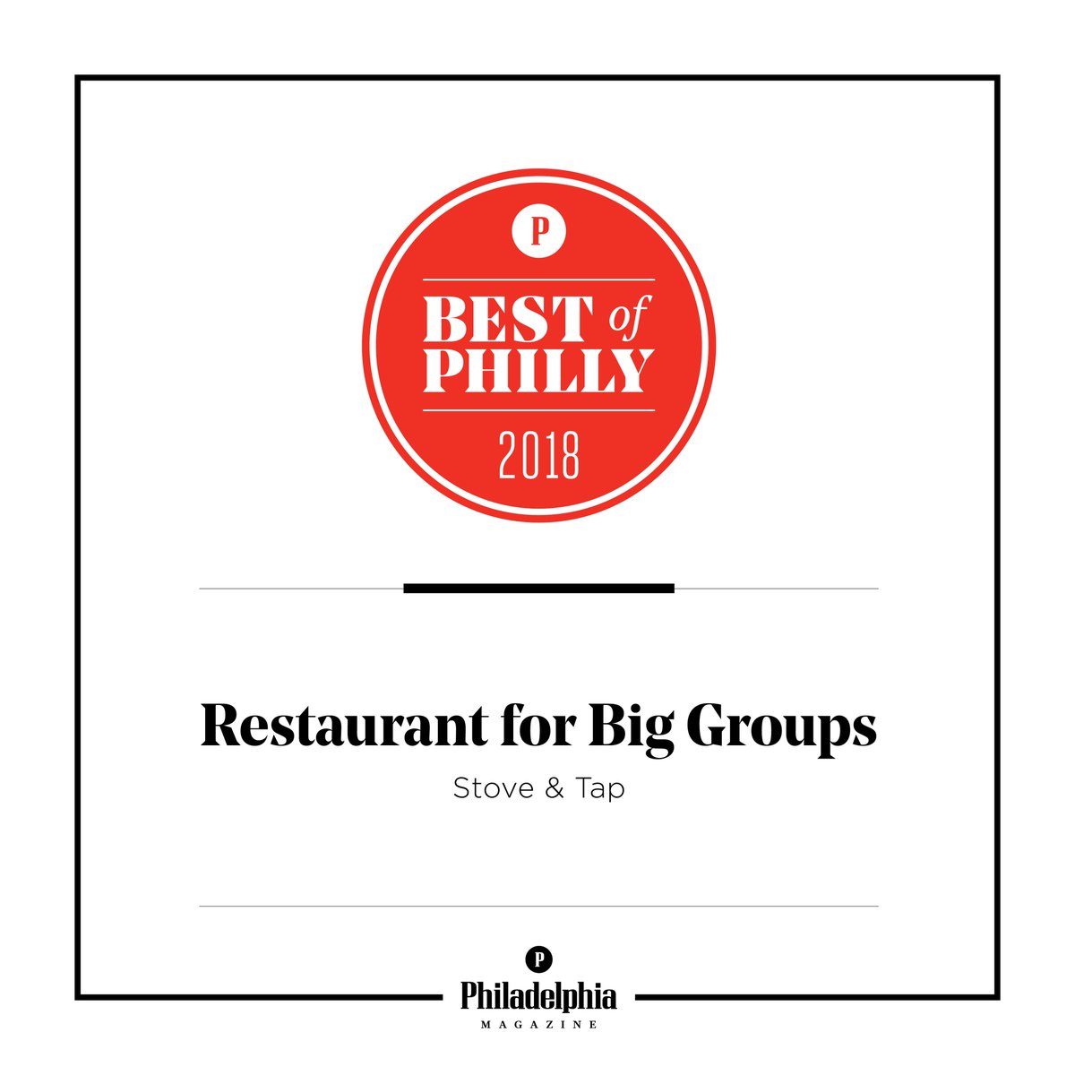 <a href="/StoveAndTap/">Stove and Tap</a>, we're so excited. Why? Because you won #BestOfPhilly for Best Restaurant for Big Groups! We can't wait to celebrate with you next week!