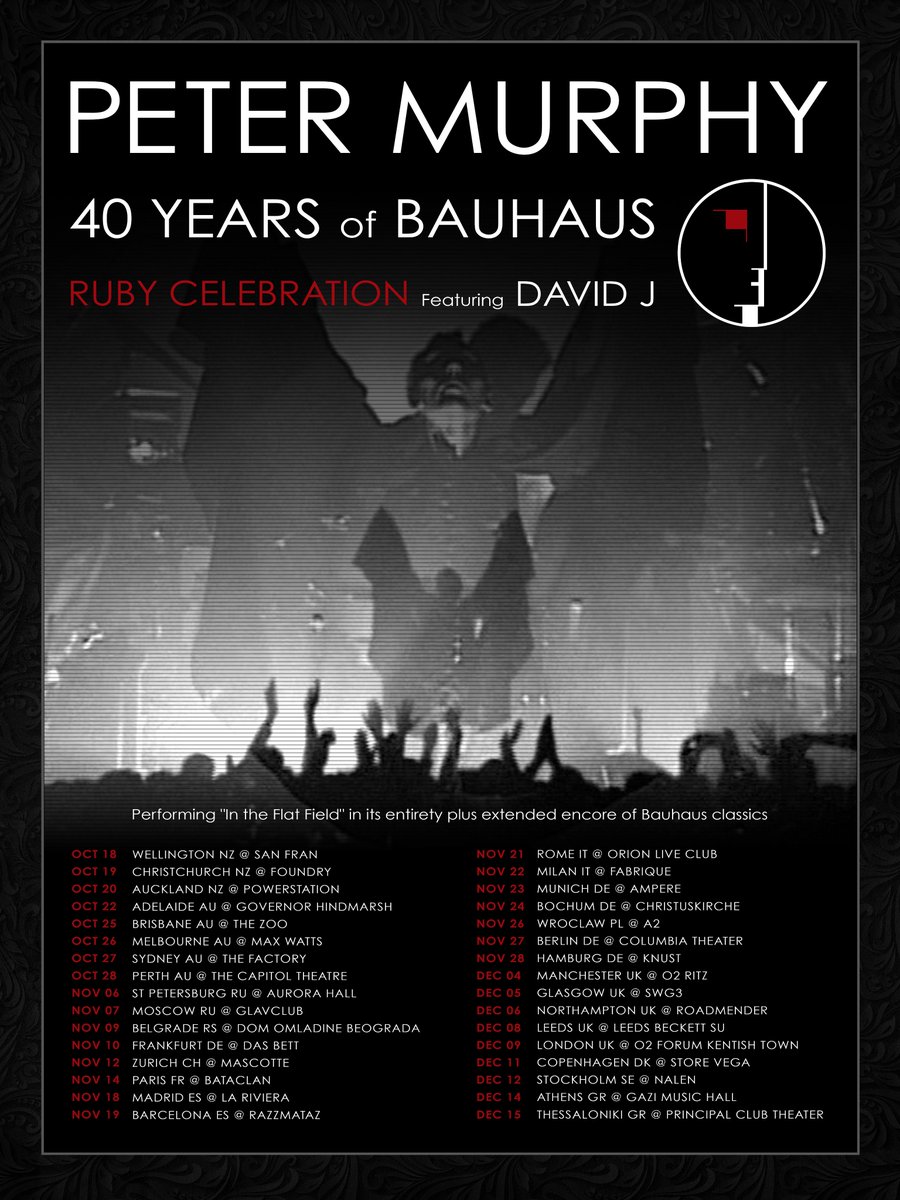 petermurphyinfo's tweet photo. TOUR ANNOUNCEMENT Peter Murphy celebrates 40 Years of Bauhaus Ruby Anniversary with a worldwide tour featuring special guest, co-founding original member David J. Dates (with more to be announced) and ticket links at https://t.co/7Vz2OHi1Op and on Peter's official Facebook. https://t.co/CCL4MsxNnI