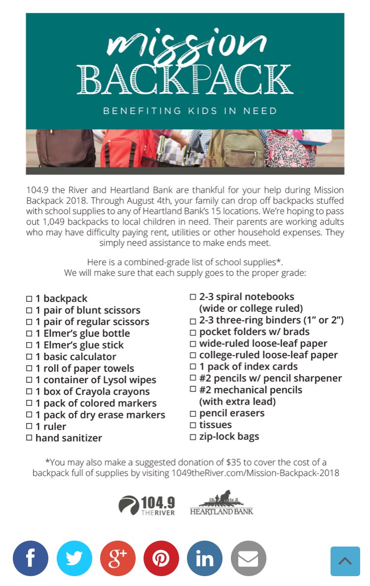 heartlandbank's tweet photo. Heartland Bank is proud to partner with @1049theRiver #MissionBackpack to ensure no child goes to school empty handed! You have between now and August 4th to drop your unused school supplies at one of our 15 locations! #FeelGoodBanking https://t.co/No82fZLE4V