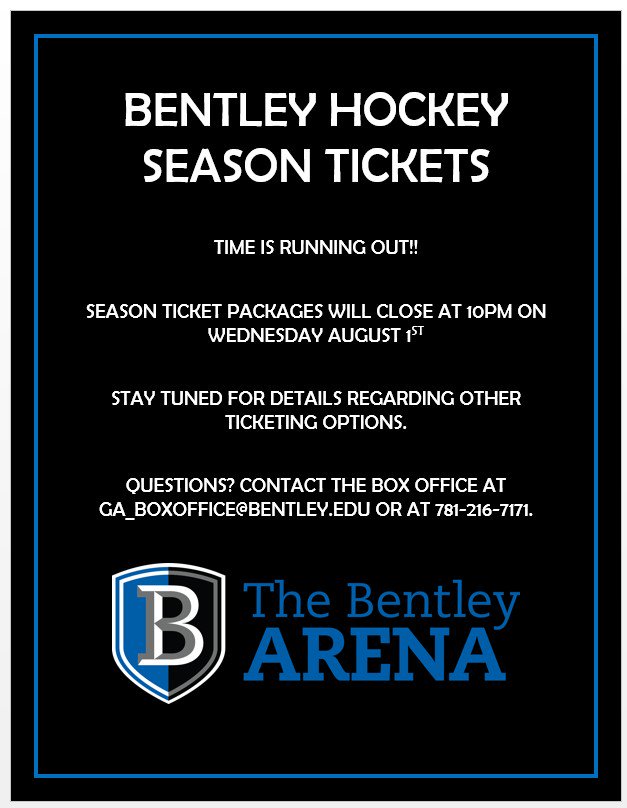 If you haven't yet purchased your hockey season tickets at Bentley Arena for the 2018-19 season, time is running out! You have until Wednesday, August 1 at 10 pm to purchase a full season package.

Season ticket packages can be purchased here: etix.com/ticket/k/93179…
