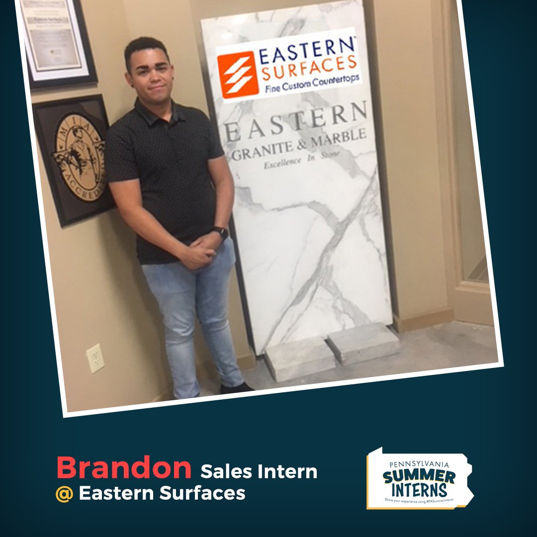 PACareerLinkLV's tweet photo. Brandon attends @LehighCarbonCC &amp; is currently interning with Eastern Surfaces Inc.​ this summer as a Sales Intern. His current role includes aiding sales associates, learning the product line &amp; helping out at the front desk. Thanks for all that you do, Brandon!  #PASummerInterns https://t.co/ehOHBDn9u1