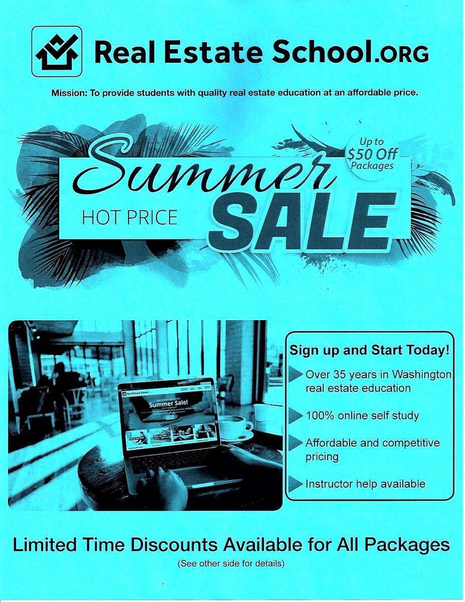 Footworkexpress's tweet photo. Real Estate School .org Summer Sale! Two Page Pdf: https://t.co/2hzy1lLWs5 #Realestateschool #RESchool #ContiningEducation #WaRealestate #ClassesOnSale https://t.co/SVL2sp2wUj
